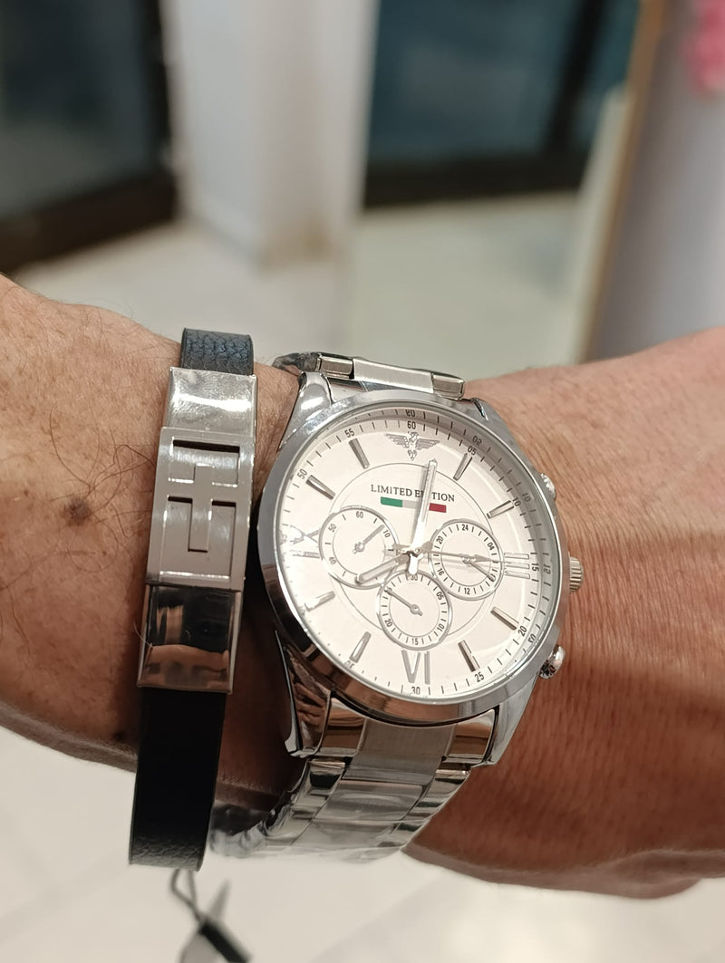 Relógio Masculino TT Branco em aço inoxidavel + Pulseira Masculina