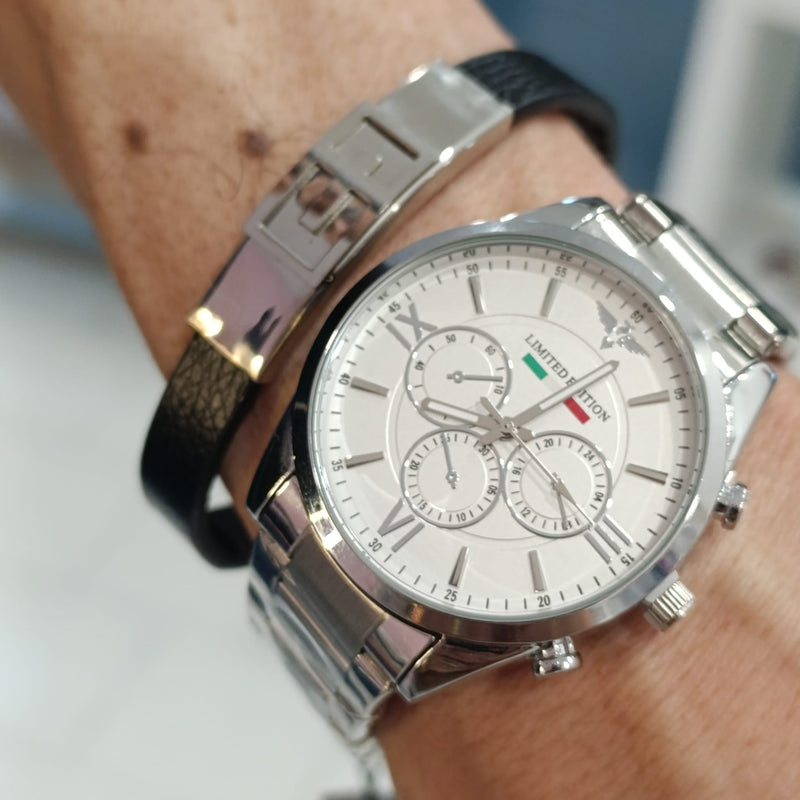 Relógio Masculino TT Branco em aço inoxidavel + Pulseira Masculina
