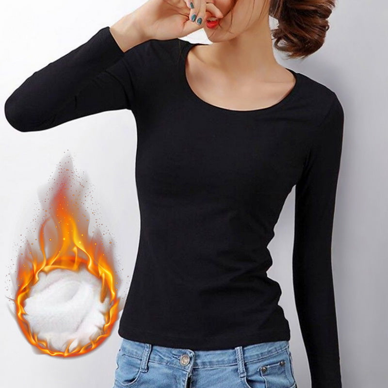 Camisa feminina de fundo de mangas compridas, top térmico