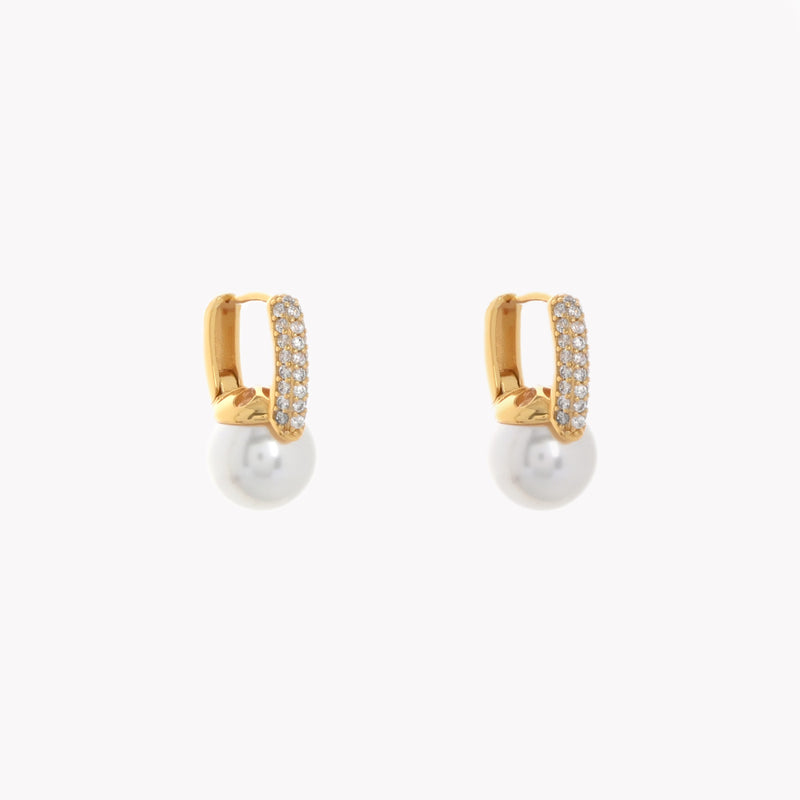 Argolas  quadradas com pérola e zirconias Banho de Ouro 18k