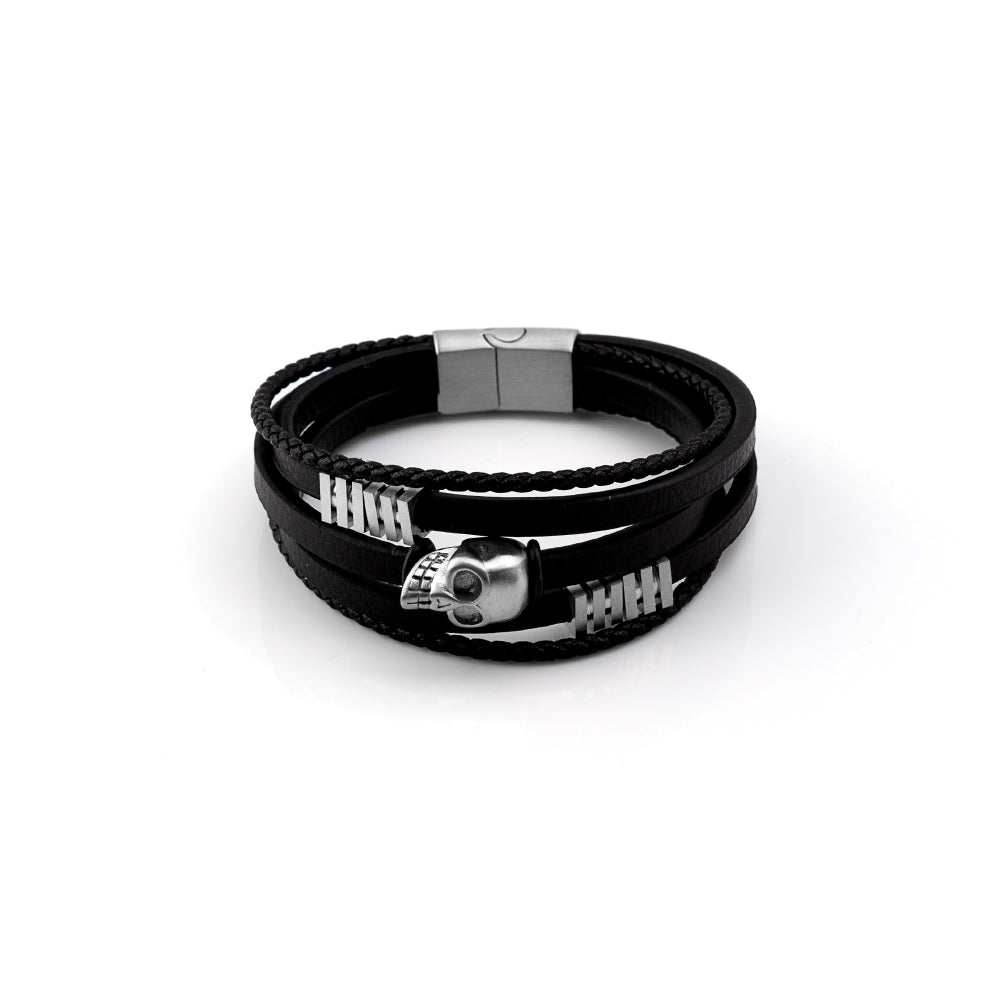 Pulseira Caveira  Aço Inoxidável +Pele