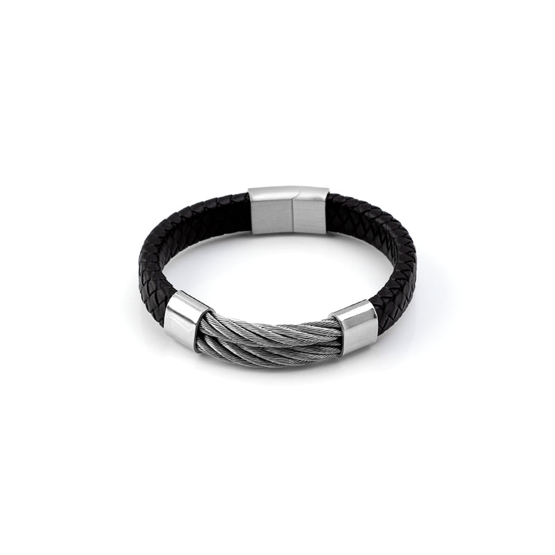Pulseira Aço Inoxidável+Pele - Masculina