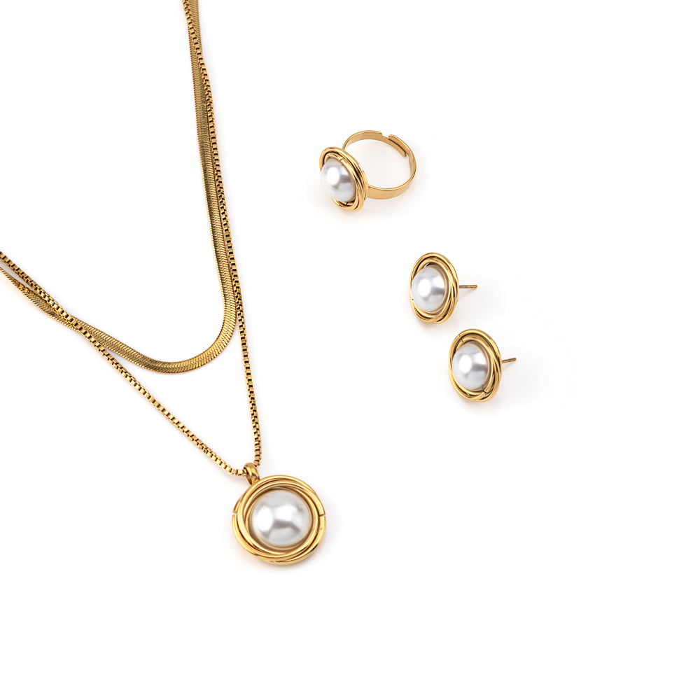 Conjunto Pérolas  Colar+Brincos+Anel Ajustável