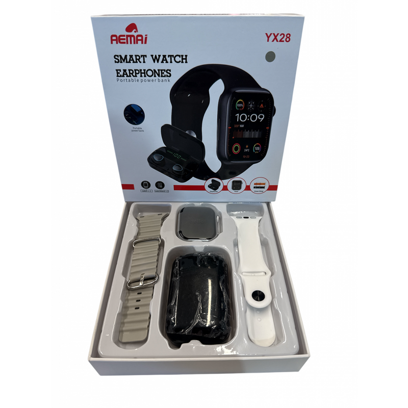 Kir Relogio Smartwatch AEMAI YX28 – Kit Completo com Earphones Bluetooth e Powerbank Integrado